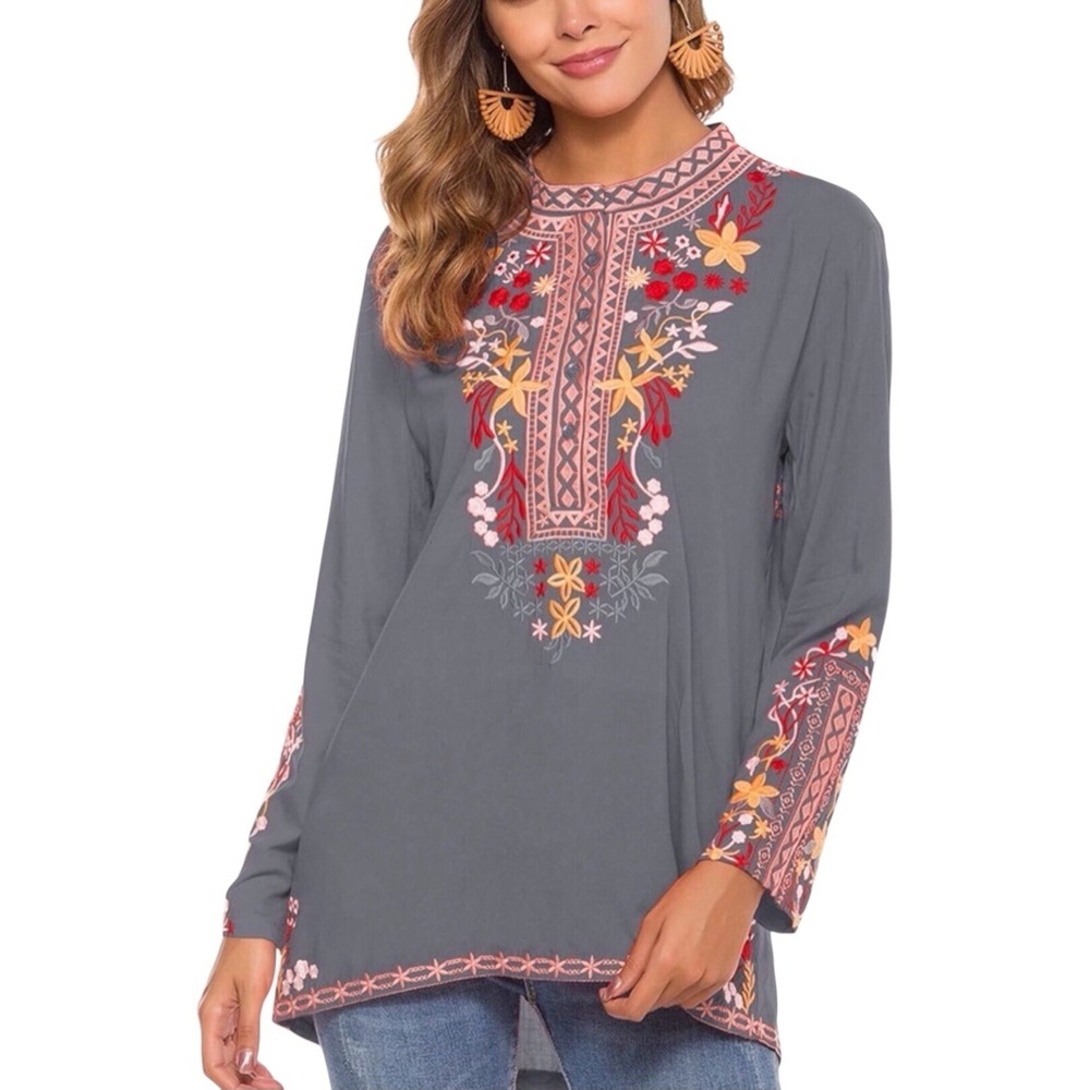 Bohemian Embroidered Women's Tunic Top Gray/Red/Gold L/S Size-M NWT